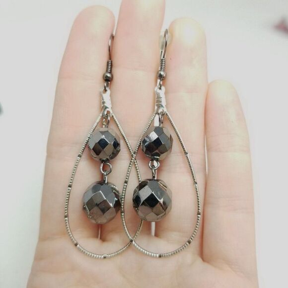 Vintage Sparkly Beaded Drop Shape Dangle Earrings, Silver Tone, Long Size - Picture 1 of 5